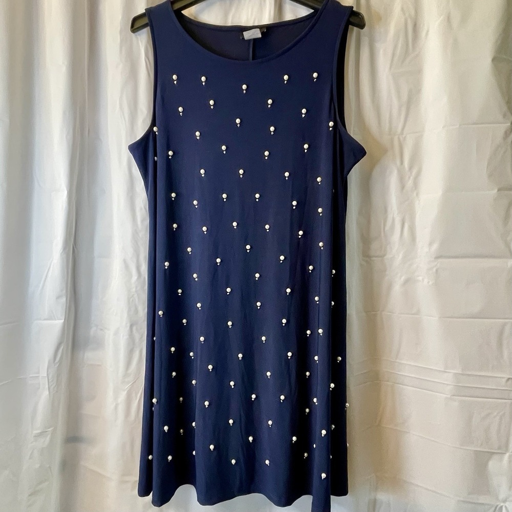 MSK Women Size XL A-Line Shift Dress Navy Blue Pearl Embellished Classic Chic